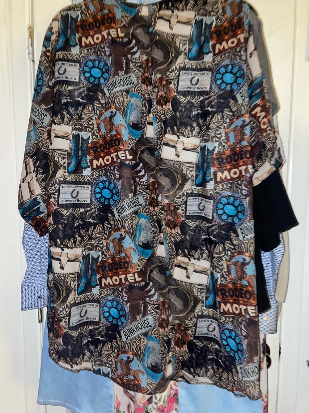 Western Rodeo Motel onesize kimono in Brown & Teal